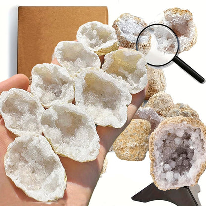 8pcs Natural Quartz Caves Knock Open in The Middle 1.2-2 inch White geode Set with Magnifying Glass and Display Stand Ideal for School Gifts and Prizes（Morocco White geode 8pcs Set）