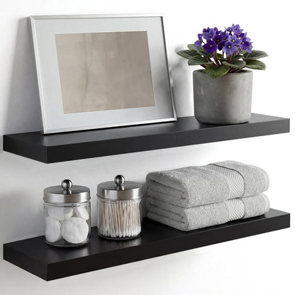Homeforia Black Floating Shelves 24 inch, High End Solid Real Wood 24inch Bathroom Floating Shelf for Wall Mounted, Black Wooden 24in Floating Shelves, Heavy Duty Bracket, 24 X 6.5 X 1.75 in, Set of 2
