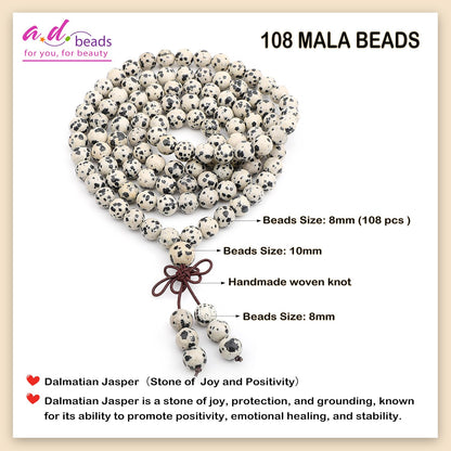 AD Beads 8mm 108 Prayer Mala Dalmatian Jasper Elastic Bracelet - Positivity - Handmade Yoga Meditation Healing Power Energy Gifts for Unisex Adult.