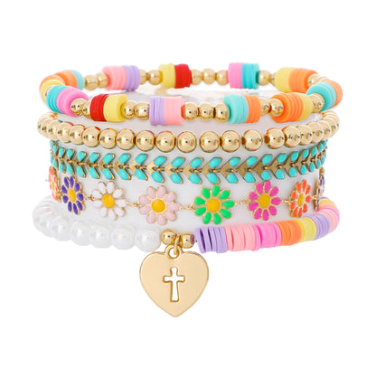 RISHEGAE Cross Beaded Stretch Bracelets for Women Easter Stackable Gold Polymer Clay Beads Bracelets Friendship Boho Summer Beach Bracelet Jewelry Set