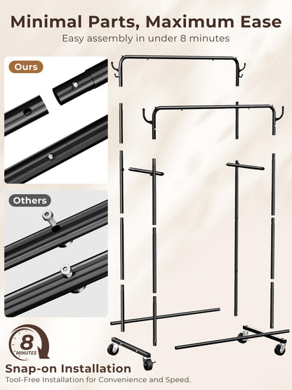 HogHow Clothes Rack, Rolling Clothing Rack with Double Rods for Hanging Clothes, Portable Garment Rack with Wheels, Metal Wardrobe Closet Organizer for Bedroom and Laundry Room