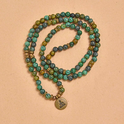 oasymala 108 Mala Beads Bracelet Necklace with Yoga Symbol Buddha Charm – Gold-Plated Meditation Jewelry, Healing Stone, Ideal Spiritual Gift for Yoga & Meditation (African Turquoise)