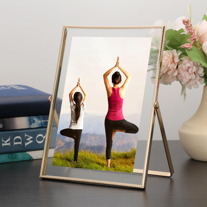 Gold 5x7'' Floating Frame Set of 2, For Photo Sizes (3.5 x5'', 4x 6'' up to 5x7'' ), Beautiful Metal Lace Edge Frames Adjustable Tabletop/Shelf Photo Frame, Classy Gift Choice for Wedding,
