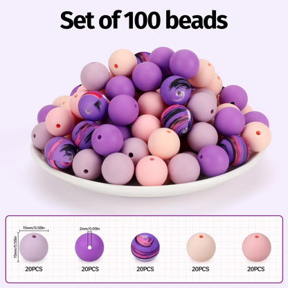 SALUOKE 100 Pcs 15mm Silicone Beads for Keychain Making, Pink Gream Silicone Beads Bulk Round for Bracelets Pens Crafts Jewelry Making (Pink Purple)