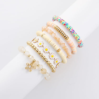 RISHEGAE Heishi Beaded Stretch Bracelets for Women Stackable Gold Polymer Clay Beads Bracelets Friendship Boho Summer Beach Bracelet Jewelry Set (C-Daisy 8pcs)