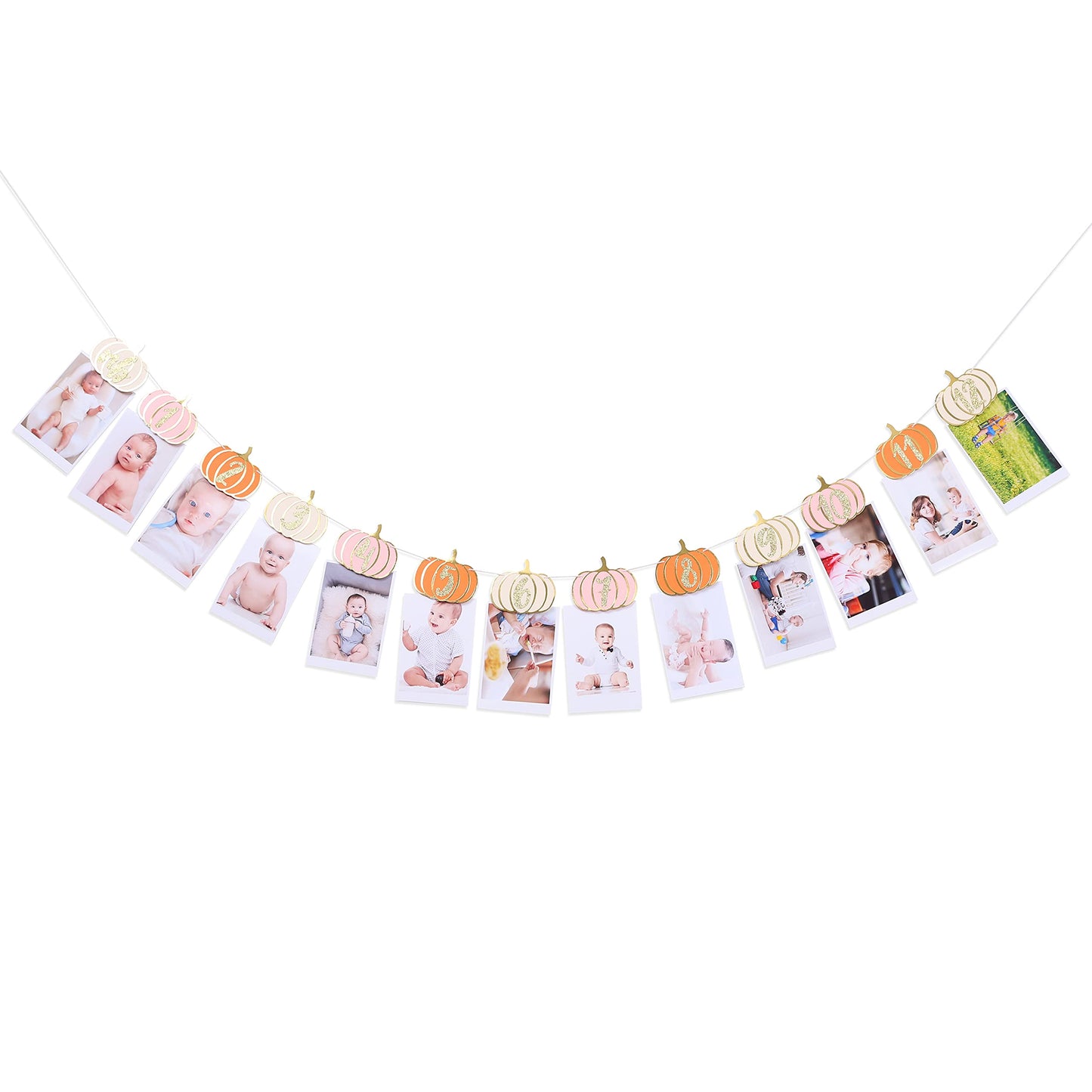 Pumpkin 1st Birthday Monthly Photo Banner for Baby Girls - Newborn to 12 Month Milestone, Pink Orange and Gold - First Birthday Decorations for Girl