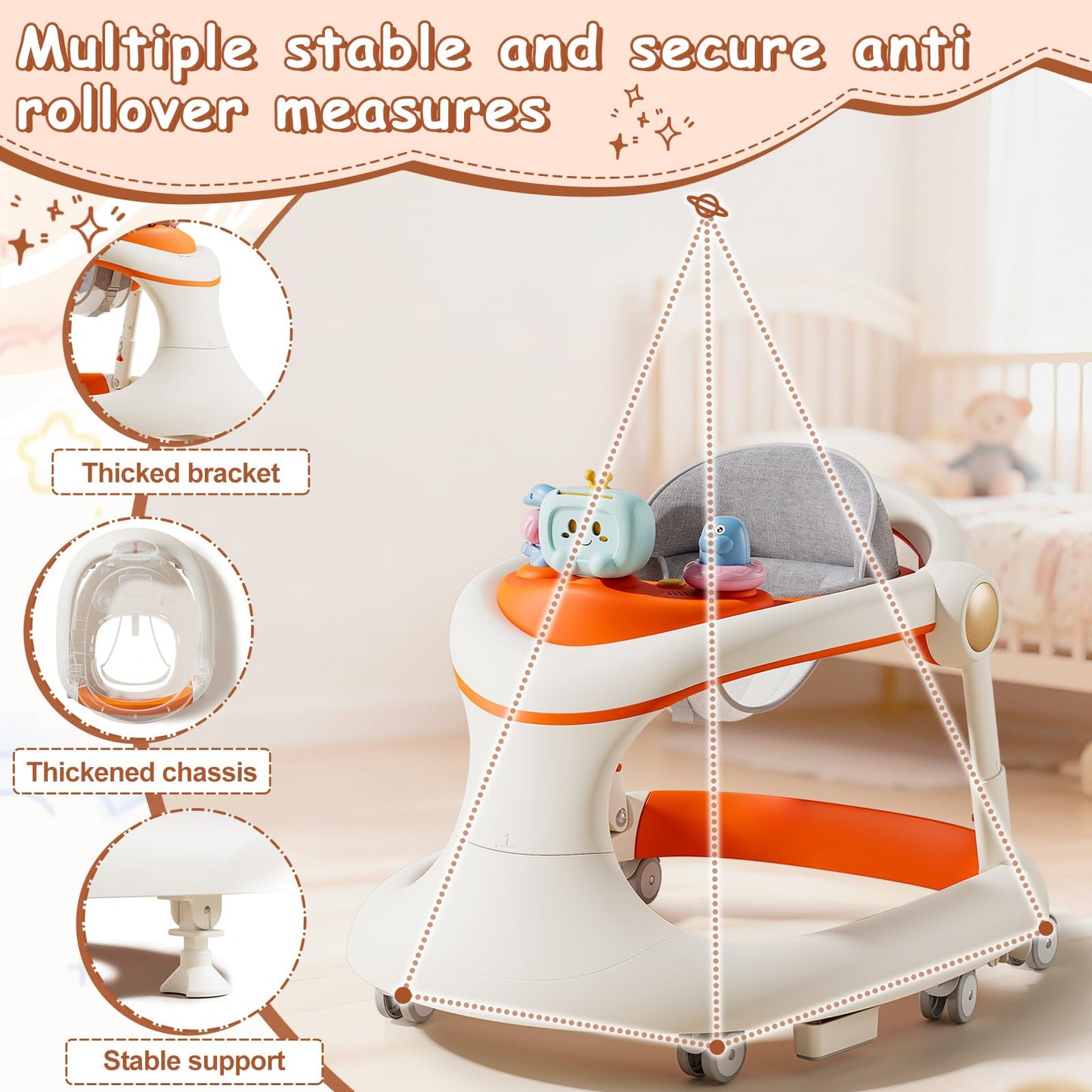 Baby Walker with Wheels, 5-in-1 Foldable Baby Walker for Boys and Girls 7-18 Months with Adjustable Height Detachable Seat and Music Tray Baby Activity Walker, Anti-Fall Activity Center for Boys Girls