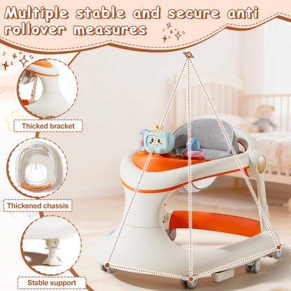Baby Walker with Wheels, 5-in-1 Foldable Baby Walker for Boys and Girls 7-18 Months with Adjustable Height Detachable Seat and Music Tray Baby Activity Walker, Anti-Fall Activity Center for Boys Girls