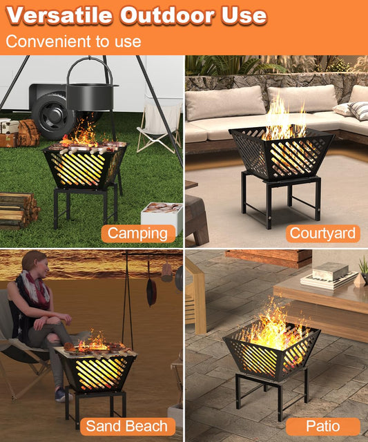 Mondazie Outdoor Fire Pit — 17 Inch Portable with Storage Bag for Camping, Patio Heating, Picnic and BBQ, Trapezoid Diagonal Hollow, Black