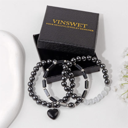 Vinswet Healing Crystal Beaded Bracelets for Women,Natural Hematite Moonstone Gemstones Bracelet,Anxiety Stress Relief Heart Charm Bracelet Handmade Black Jewelry Gifts for Women (3pcs)