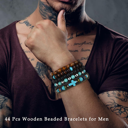 Giovanchi 44 PCS Beaded Bracelets for Mens Larger Size Women Adjustable Boho Punk Braided Wooden Bead Bracelet Bulk Wood Bangles Wristbands Meaningful Jewelry Gift