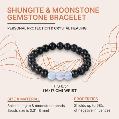 Karelian Heritage Black Shungite Beaded Bracelet, 8mm Handmade Stretchy Unisex, Crystal Healing Authentic Stone, Spiritual Chakra Balance Jewelry (Shungite & Moonstone)