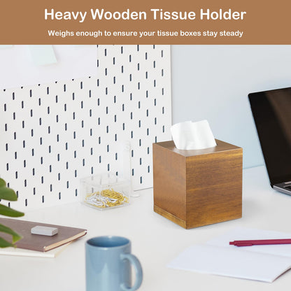 GCWSTJK Acacia Wood Tissue Box Cover - Square Thick Tissue Box Holder for Cube Boxes, Smooth Polished Decorative Wooden Tissue Holder for Bathroom, Bedroom, Dining Table, Kitchen or Office