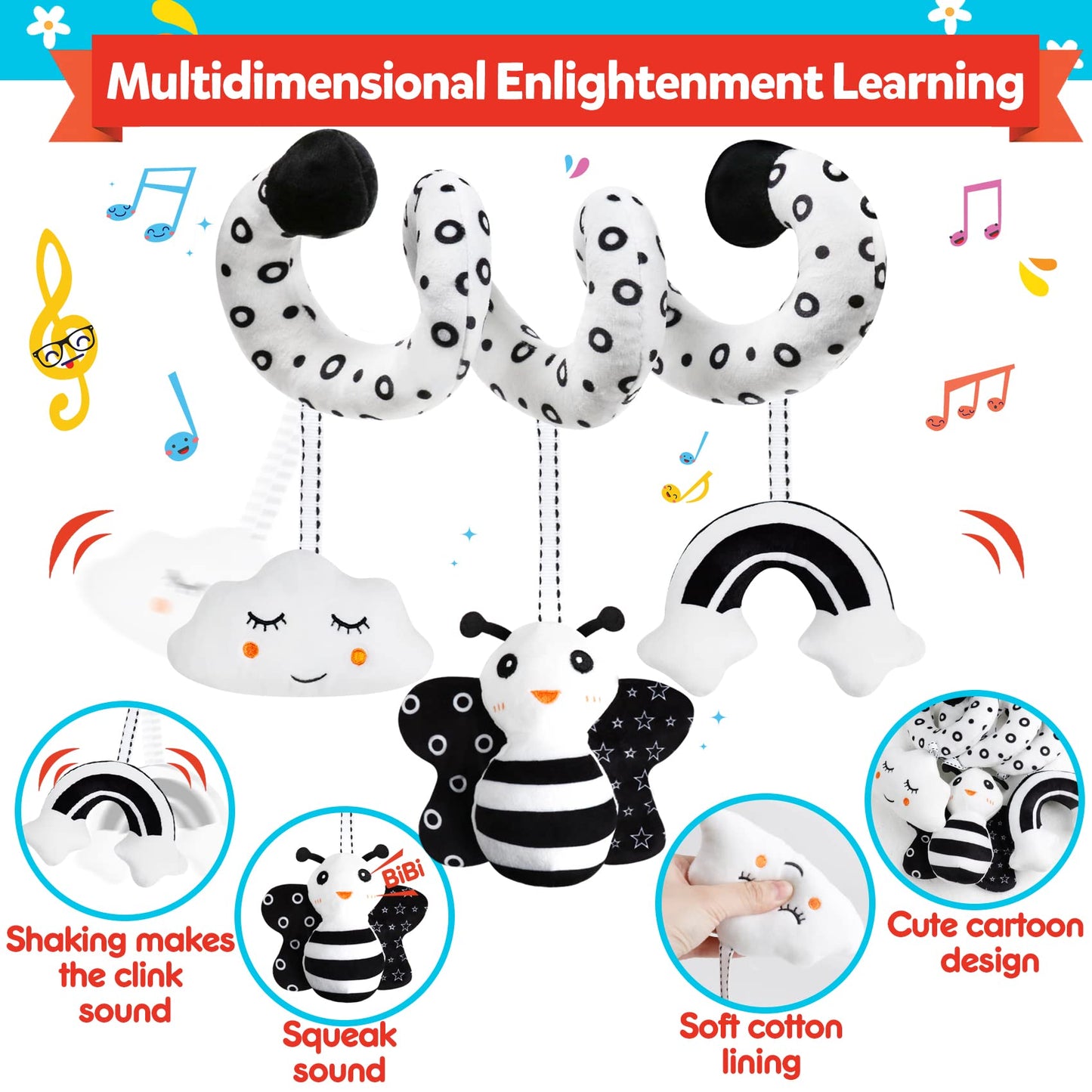 GKDOMS Baby Spiral Hanging Stroller and Car Seat Toys Black and White High Contrast Sensory Toy Newborn Plush Activity Toys Party Favors Quality Gifts for Baby Shower-BEE