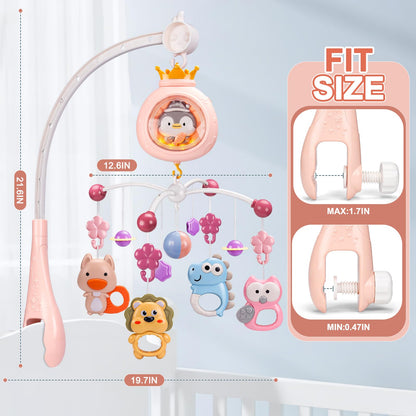 ZFSZSY Crib Mobile with Music and Lights,Mobiles for Cribs, Baby Mobile Arm Toys Hanging for Girls Boys Infants 0-6 6-12 Months, Bassinets Nursery Musical Portable Mobile Clip On Pack and Play(Pink)