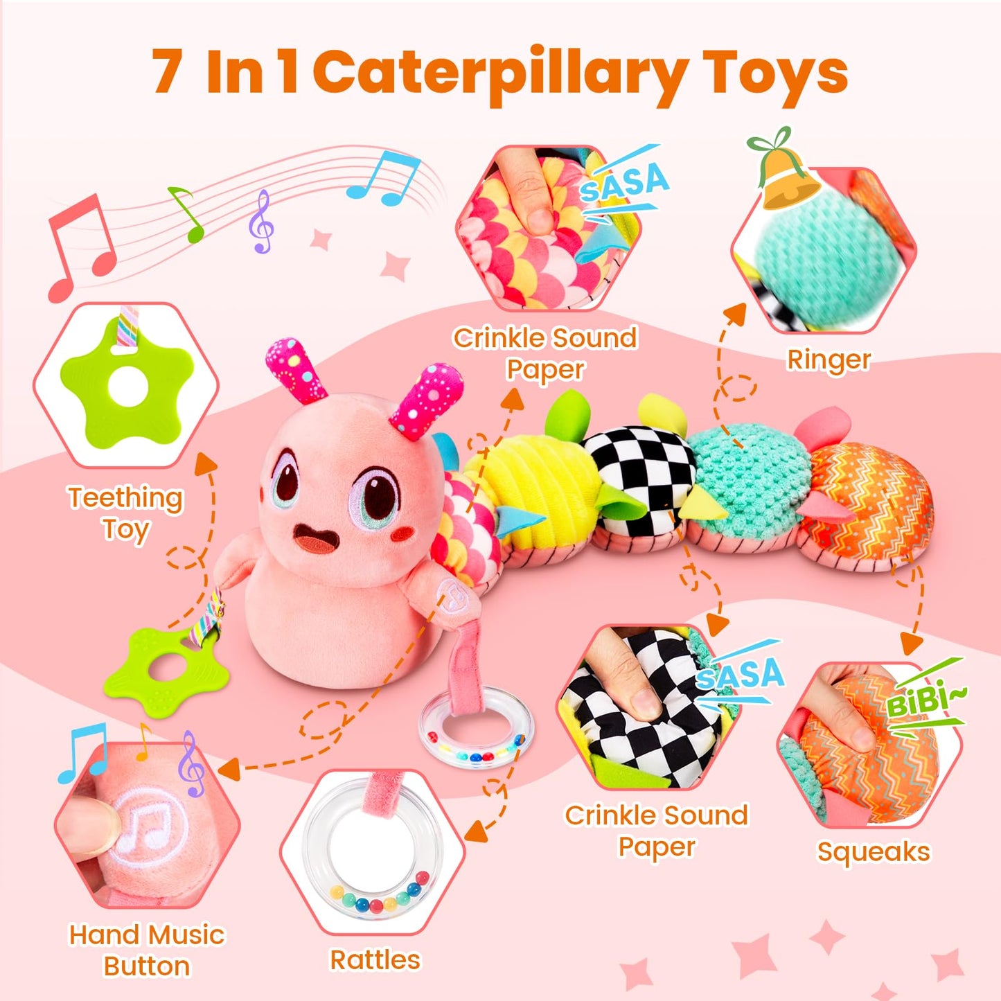 Baby Toys 0-6 Months, Washable Baby Musical Caterpillar Toys with 10 Children's Songs,Rattles,Teething Toys,Suitable for 0-6, 6-12 Months Infant Tummy Time Toy,Newborn Baby Boy&Gril Gifts(Light Pink)