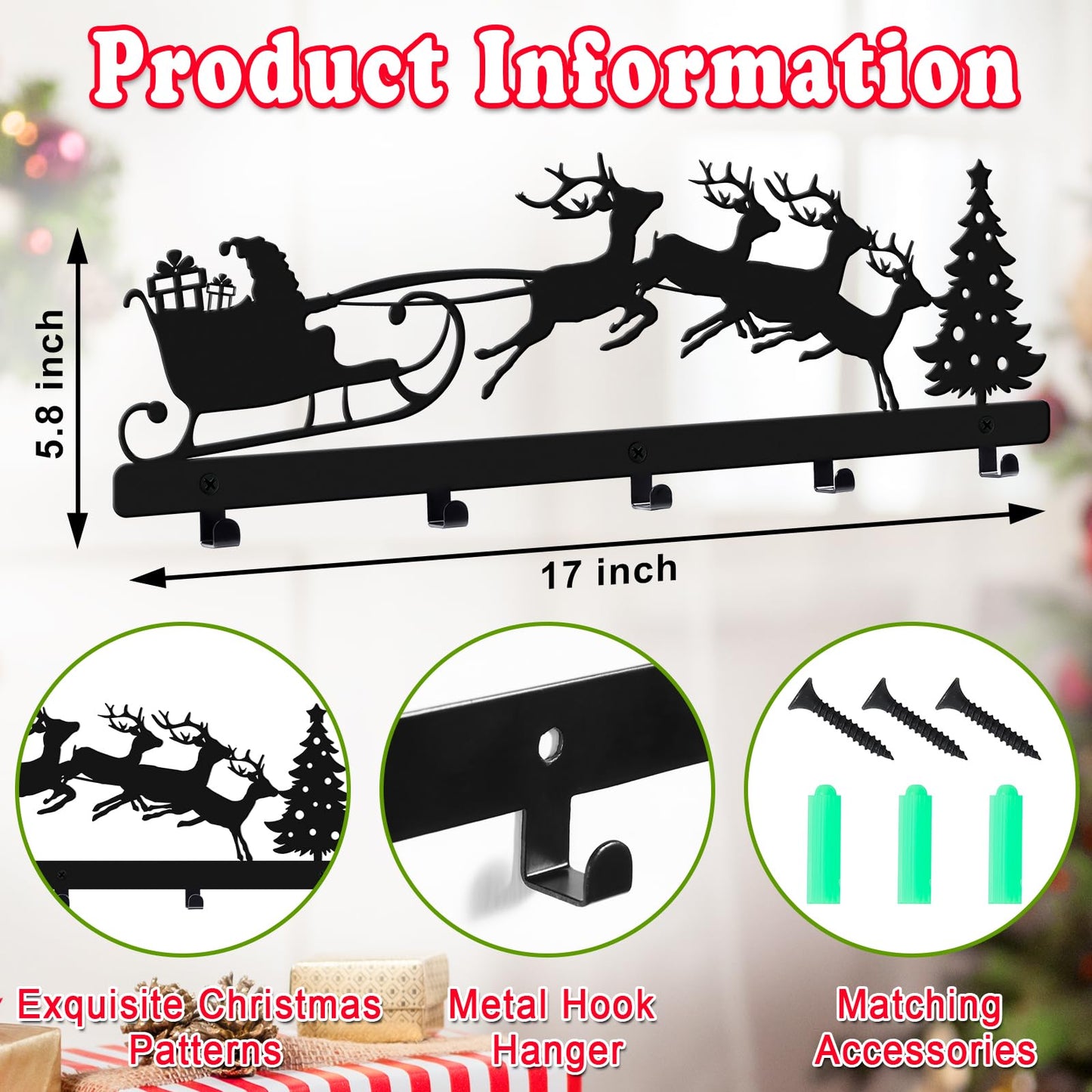 POILKMNI Christmas Stocking Holder, Metal Hanging Sign with 5 Hangers for Fireplace Mantel, 17 Inch, Black
