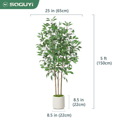 SOGUYI Ficus Artificial Tree 5ft Tall Fake Ficus Tree for Home Decor Indoor Faux Silk Ficus Plant Fake Floor Plant in White Imitation Ceramic Planter with Green Fake Moss, Set of 1