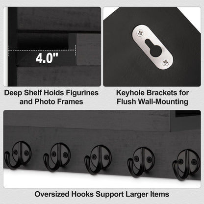 Lwenki Key Holder Wall Mount, Entryway Key and Mail Holder with 7 Sturdy Hooks for Sunglasses, Dog Leash, Decorative Wall Shelf with Mounting Hardware, 15”W x 6.7”H x 4.2”D