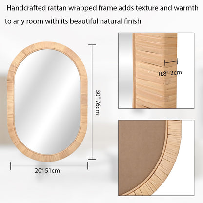 FUIN Handcrafted Rattan Oval Wall Mirror 20x30 – Natural Woven Wicker Frame for Boho Living Room & Entryway – High-Definition Shatter-Resistant Mirror – Vertical or Horizontal Biophilic Home Decor