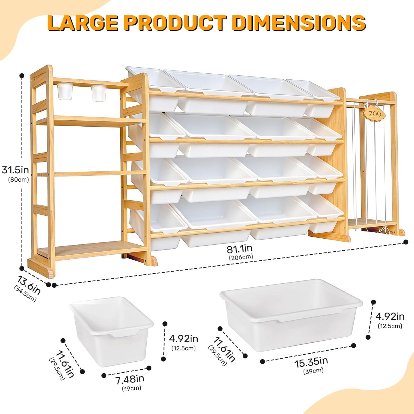 Yazzropt 81" Large Toy Storage Organizer with Bins Shelves & Stuffed Animal Storage for Kids Wood Toddler Playroom Organization with Bookshelf Toys Box Wooden Organizers for Kids Room Nursery Bedroom