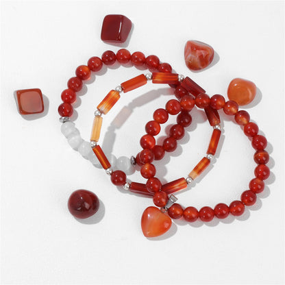 Vinswet Healing Crystal Beaded Bracelets for Women,Natural Amethyst Moonstone Gemstones Bracelet,Anxiety Stress Relief Heart Charm Bracelet Handmade purple Jewelry Gifts for Women (3pcs) (Red agate&Moonstone)