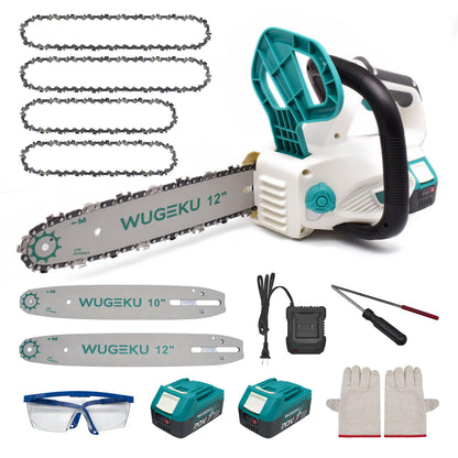 Wugeku 12" & 10" Electric Chainsaw Cordless, 20V Brushless Battery Chainsaws with 2 x 4.0AH Batteries - 4 x Chains, Auto Oiler, Tool-Free Chain Tension, Safety Lock