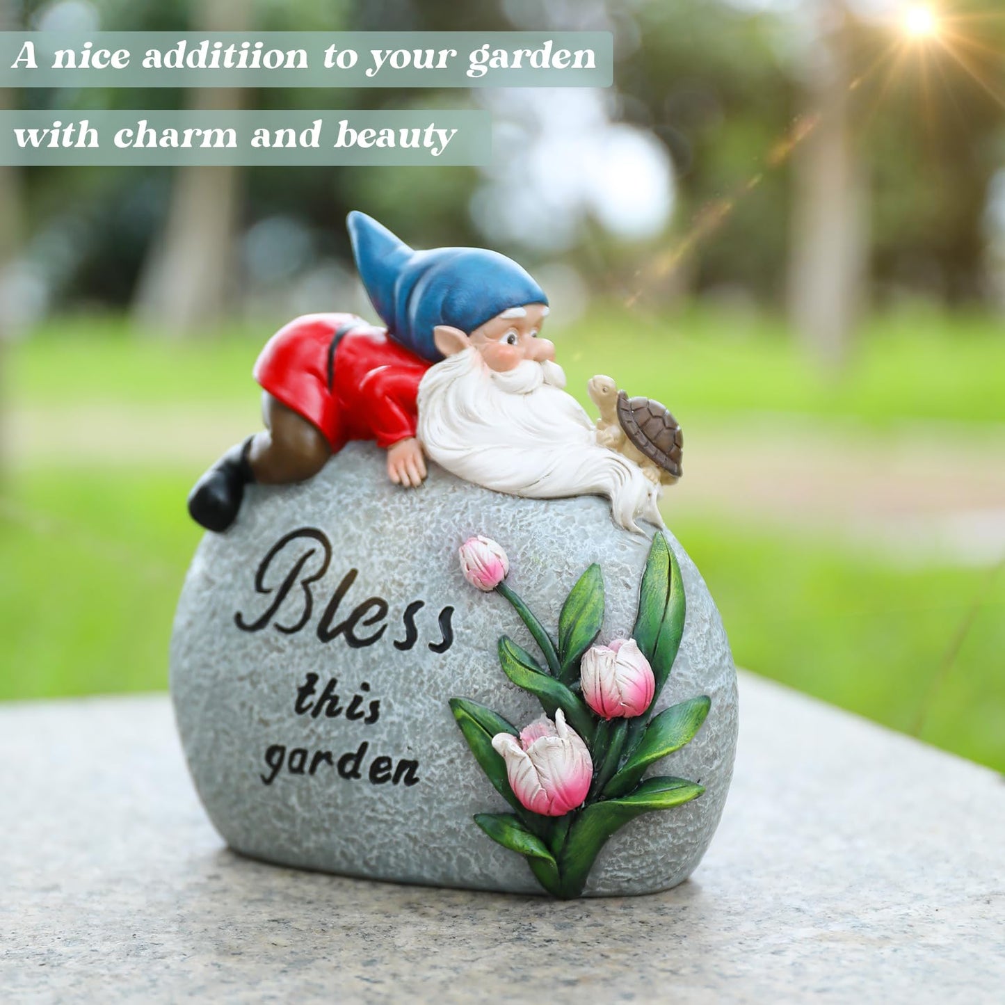 Ovewios Garden Stones Statues Outdoor Decor, Novelty Gnome Garden Sculptures Stones Statue with Flower and Turtle Figurine Decoration for Patio Yard Porch Art Home Decor