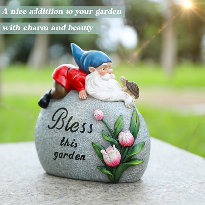 Ovewios Garden Stones Statues Outdoor Decor, Novelty Gnome Garden Sculptures Stones Statue with Flower and Turtle Figurine Decoration for Patio Yard Porch Art Home Decor