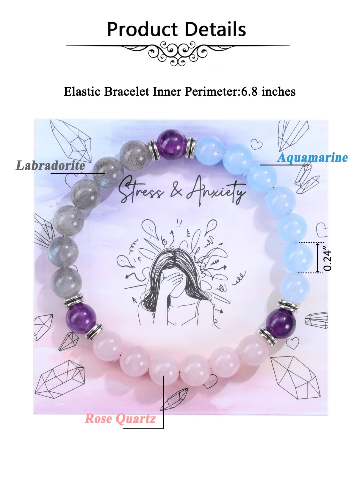 Jovivi Healing Crystal Beaded Bracelet for Women Anxierty Relief Natural Rose Quartz Labradorite Yoga Beads Chakra Bracelet Handmade Triple Protection Good Luck Jewelry Gift