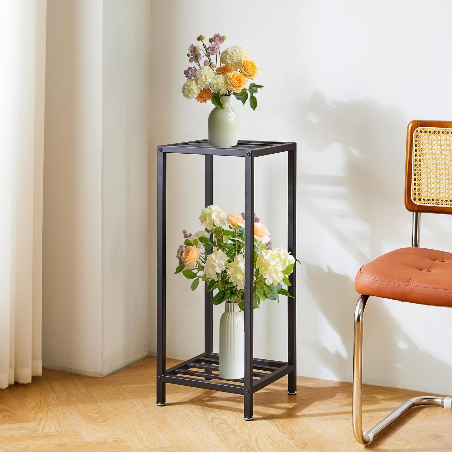 IBUYKE 30 Inch Tall Plant Stand Indoor, 2 Tier Metal Corner Plant Stand, Modern Square Plant Shelf Flower Stand for Living Room Patio Balcony Garden, Black TMJ070B