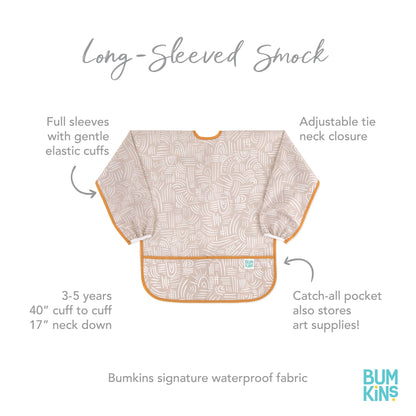 Bumkins Sleeved Smock, Toddler Reusable Waterproof Bib for Girls and Boys Ages 3-5 Years, Long Sleeve Childrens, Kids Paint Apron, Arts, Crafts and Play with Pocket, Soft Fabric, Boho Beige