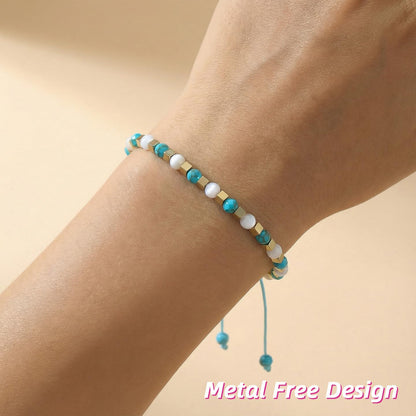 BEADSENER Stabilized Turquoise Adjustable Charming Bracelet for Women, 3mm Natural Shell Gemstone Hematite Stone Beads, Pull String Slider Metal Free Design Waterproof, Gift for Her Daily Wear