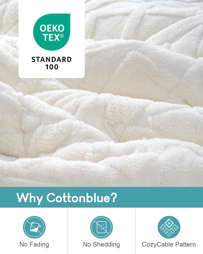 Cottonblue Jacquard Weighted Blanket 15lbs for Adults Queen Size, Ultra Soft Cozy Comfort Sherpa Blanket for Relax and Sleep, Heavy Bed Blankets with Glass Beads, 60x80 Inches, Cream White