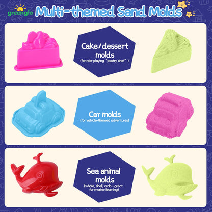 greenglo Kids Sensory Magic Sand Playset - 1.10 Lbs Color Sand Kit, 16 Pcs Molds (Cake/Dessert, car, sea Animal) & Tools, Ideal Sensory Bin for Boys & Girls Ages 3-8