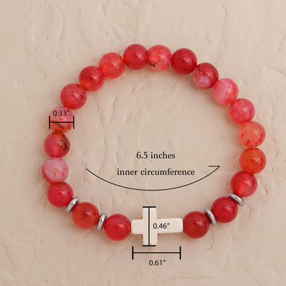 Frigotine Cross Red Agate Beaded Stretch Protection Bracelet for Man Woman, Handmade Carnelian Healing Stone Chakra Beads Elastic Bracelets Catholic Religious Accessories Fashion Jewelry Gift