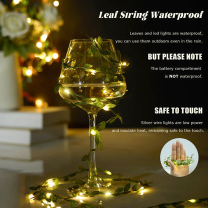 Maffily 2pcs 6.5Ft Green Leaves String Lights 20 LED Fairy Lights Battery Operated Artificial Ivy Leaf Garland with Light for Indoor Home Wall Birthday Wedding Decor