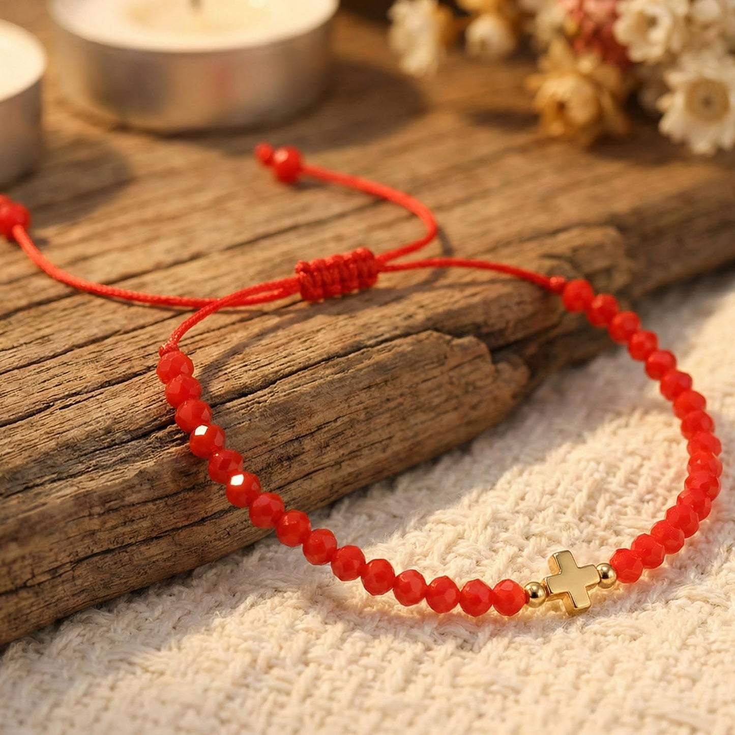 Opalencian Red Crystal Beads Drawstring Bracelet for Women,Gold Plated Cross Bracelets Charm Beads Good Luck Handmade Fashion Jewelry Gifts