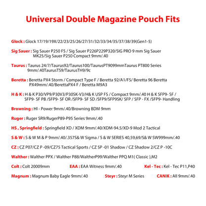 Universal Double Magazine Pouch, 9mm .40 Double Stack Mag. Holder Dual Holster with 1.5''-2'' Belt Clip for Glock Sig sauer S&W Beretta Browning Taurus H&K Most Pistol Mags