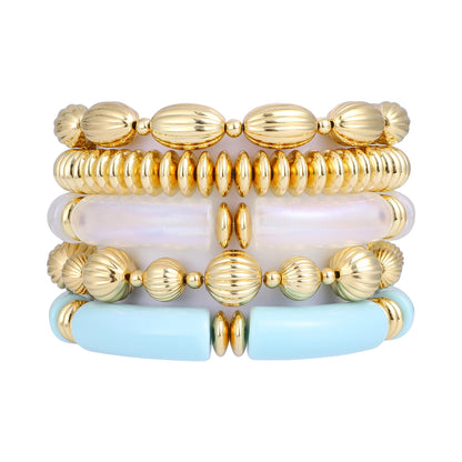 RISHEGAE Chunky Bangle Bracelets for Women Stackable Resin Bamboo Tube Bracelet Stretch Gold Beaded Bracelets Summer Beach Surfer Bracelets Gift Jewelry
