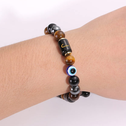 Initial Triple Protection Bracelet for Men,Black Evil Eye Tiger Eye Hematite Obsidian Good Luck Healing Crystal Stones Mens Bead Bracelet Jewelry Gift (J initial bracelet, Triple Protection)