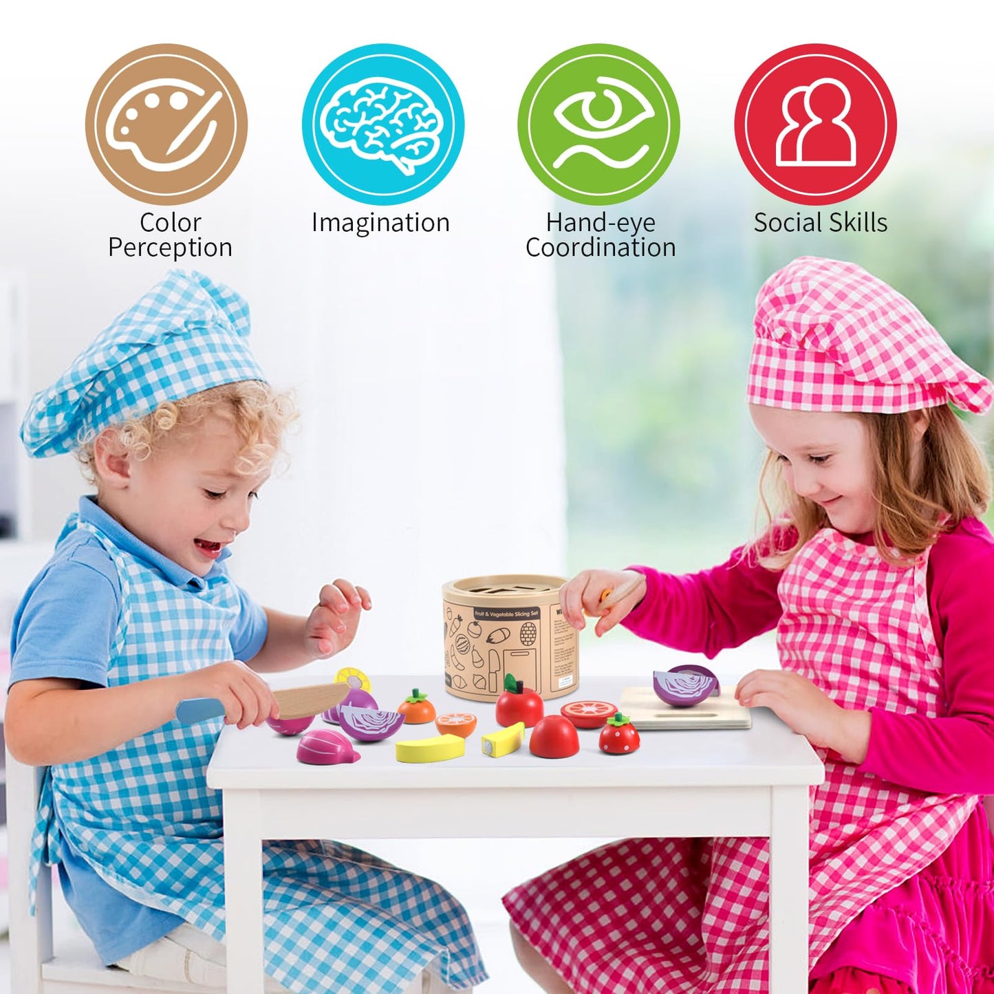 WHOHOLL 43 Pcs Wooden Play Food for Kids Play Kitchen Accessories Playset with Basket, Pretend Cutting Food Toys for 3 4 5 6 Year Old, Vegetables Fruits Toys Christmas Birthday Gifts for Girls Boys