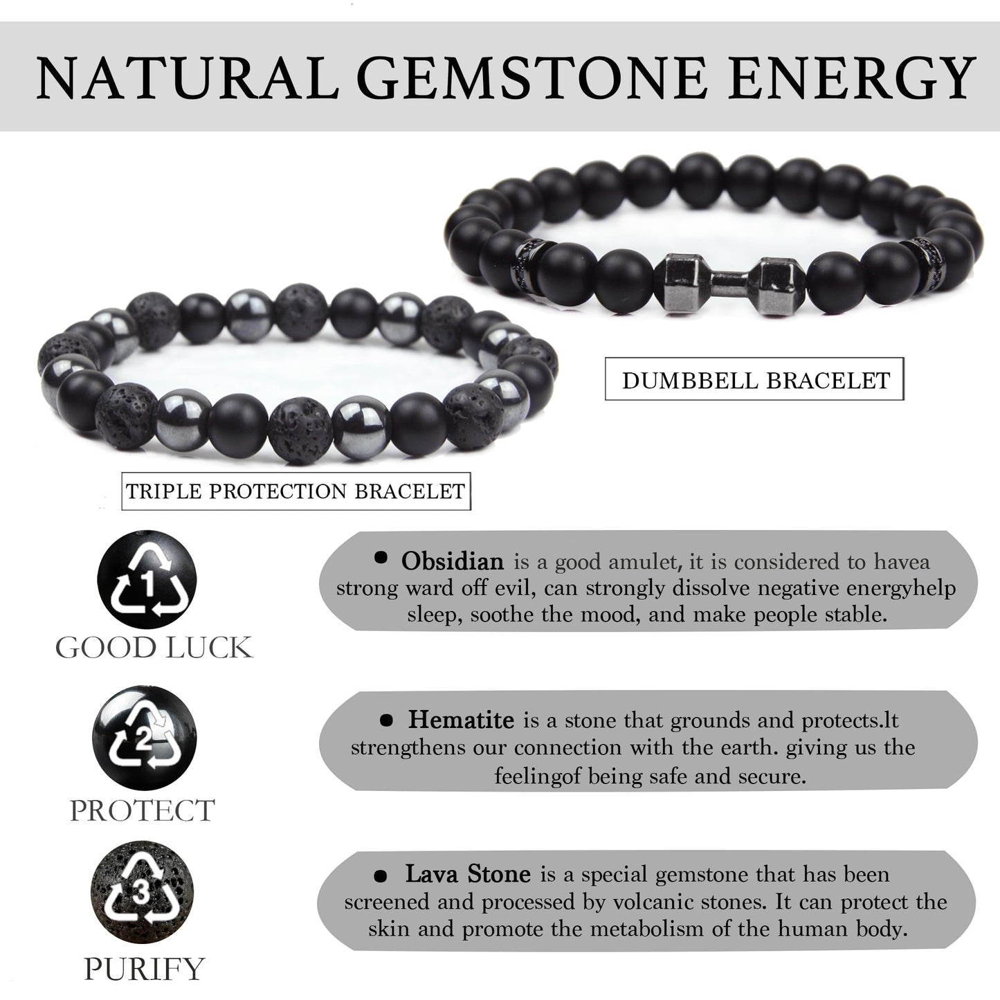 GDLKPYHS Black Obsidian Bracelets for Men- Dumbbell Bracelet - Tourmaline Beaded Bracelets, 8MM Black Onyx Hematite Lava Stone Beads Triple Protection Bracelet for Men Women Gifts