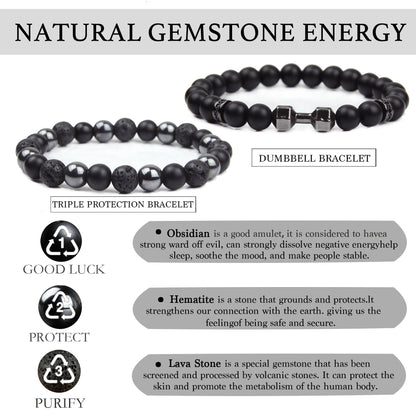 GDLKPYHS Black Obsidian Bracelets for Men- Dumbbell Bracelet - Tourmaline Beaded Bracelets, 8MM Black Onyx Hematite Lava Stone Beads Triple Protection Bracelet for Men Women Gifts