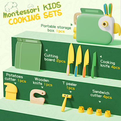 Lullulii Montessori Kitchen Tools for Toddlers,Kids Knife for Real Cooking,Toddlers Knife Set with Storage Box Kids Safe Knives Children Cutting Set for Girl Boy,Montessori Toys for Kitchen Set -Green