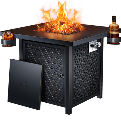 Ciays Propane Fire Pit, 28 inch Fire Pit Table with Two Cup Holders, 50,000 BTU Steel Gas Fire Pit with Pulse Ignition System, Perfect for Patio, Garden & Backyard Gatherings, CIFPT11B, Black