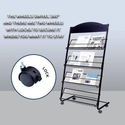 Vmsiuory Floor Standing Magazine Rack,The Wheels with Locking 4 Tier Document Display Rack for Exhibition Office Shopping Mall Waiting Room and Other Places （BLACK