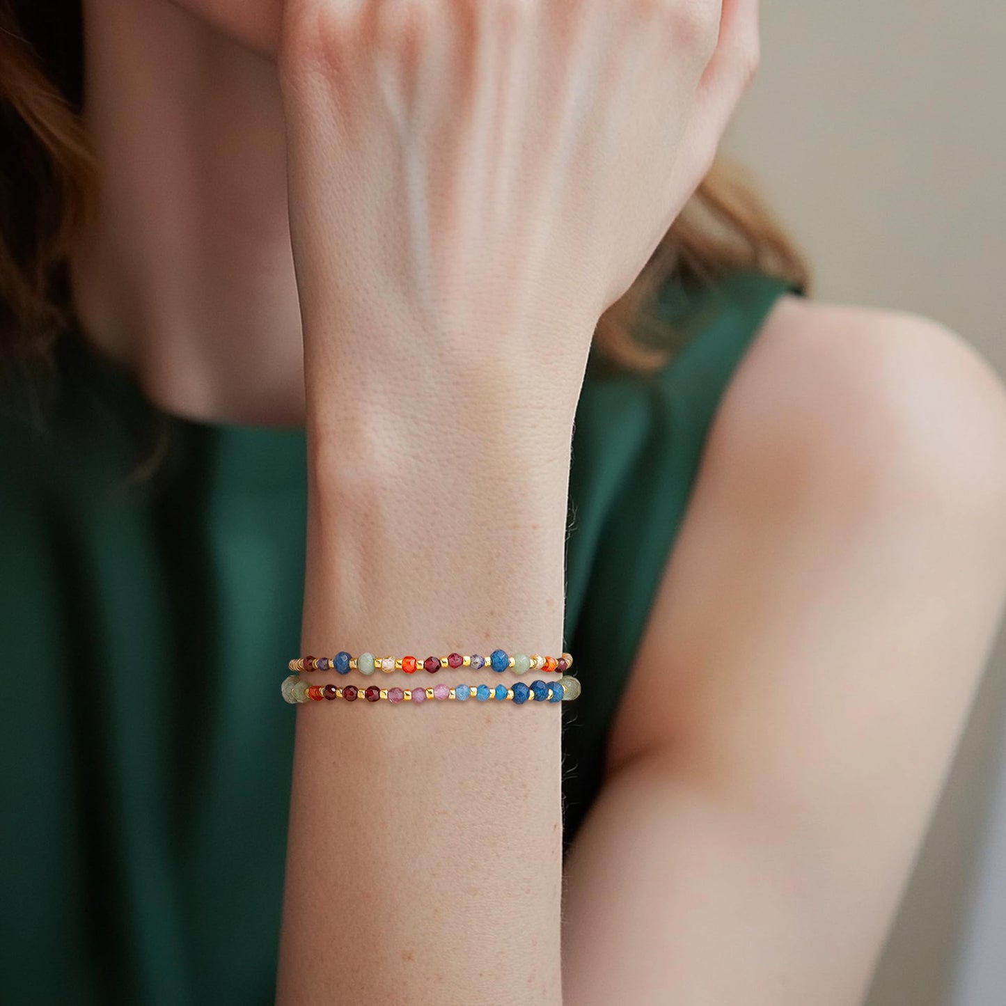 BXDA Gemstone Gold Beaded Stack Bracelets Set for Women, 2Pcs Colorful Boho Handmade Rainbow Chakra Natural Stone Stretch Stackable Bracelet Prom Holiday Jewelry Gift.