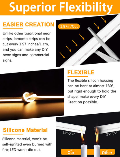 Lamomo Neon Rope Lights 65.6Ft, Waterproof Warm White LED Strip Lights, 3000K Silicone Flexible Cuttable 24V Led Lights for Bedroom, Outdoor,Indoor, Kitchen, DIY Design, Cabinet