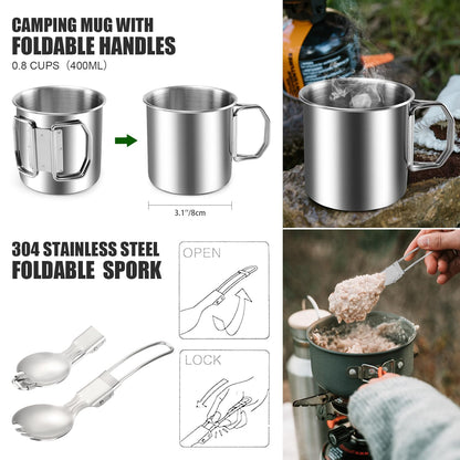 Odoland 8pcs Camping Cookware Mess Kit, Camping Pot and Pan Set with Mini Backpacking Stove, Stainless Steel Cup, Spork and Tank Bracket, Cooking Gear for Outdoor, Hiking, Picnic, Campfire, Red